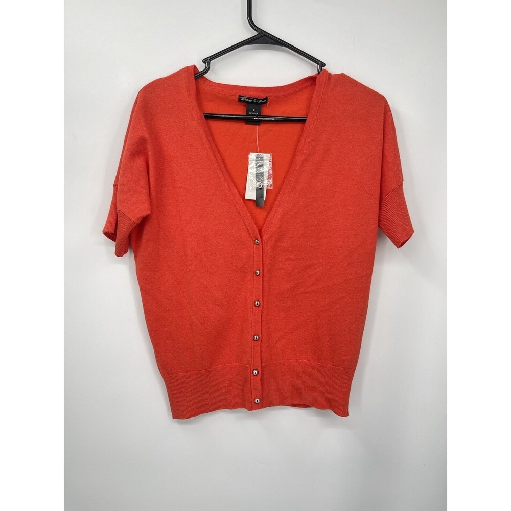 Audrey‎ Grace Orange Short Sleeve V Neck Button Up Cardigan Sweater Women S